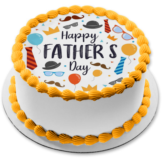 Happy Father's Day Hats Balloons Glasses and Ties Edible Cake Topper Image ABPID57697