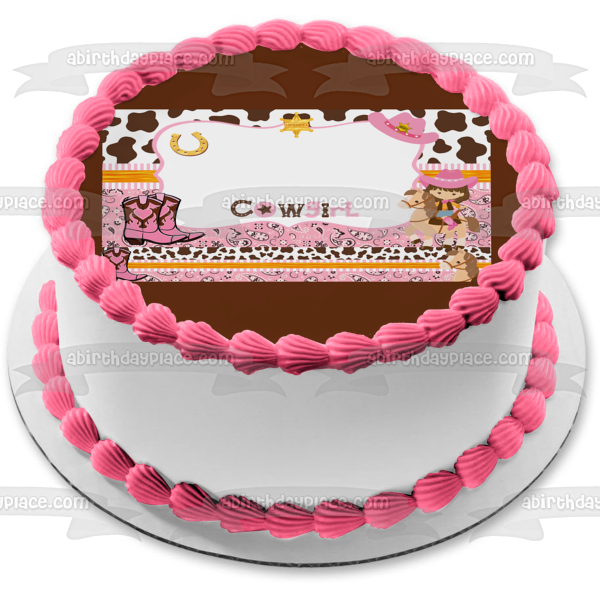 Cowgirl Pink Paisley Brown Cow Pattern Edible Cake Topper Image ABPID57728