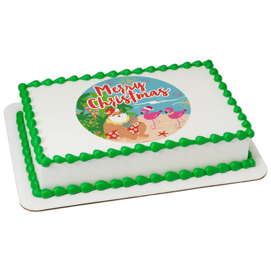 Santa On Summer Holiday Edible Cake Topper Image