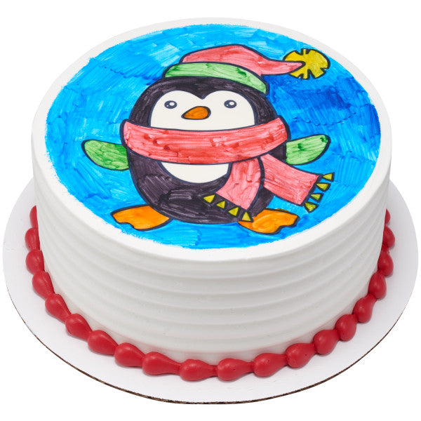 Paintable Winter Penguin Edible Cake Topper Image
