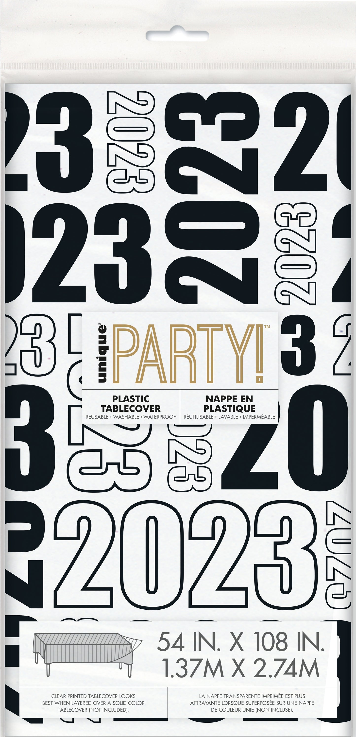 Black, Gold & Silver New Years 2023 Clear Rectangular Plastic Table Cover, 54" x 108"