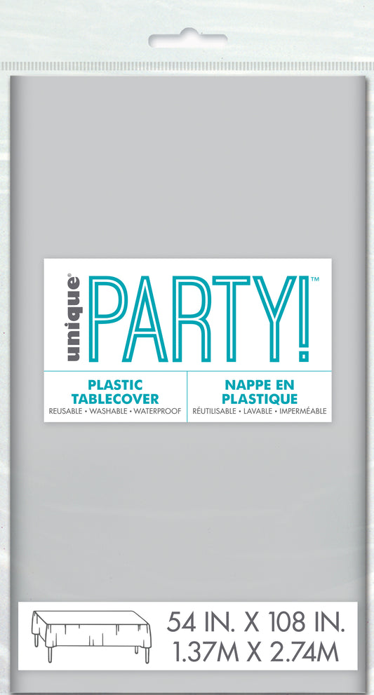 Silver Solid Rectangular Plastic Table Cover, 54" x 108"