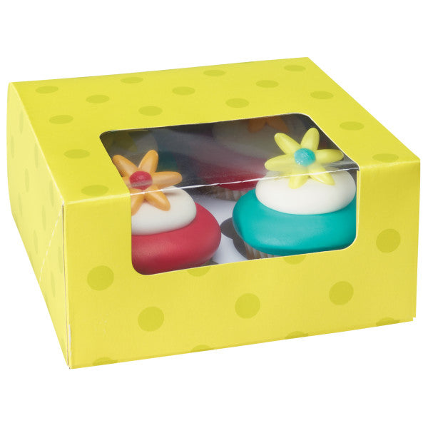 Lime Green and Dots 4 Count Cupcake Cake Box With Window