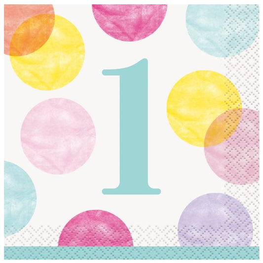 Pink Dots 1st Birthday Beverage Napkins, 16ct