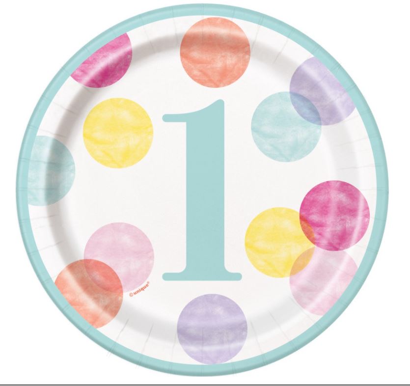 Pink Dots 1st Birthday Round 7" Dessert Plates, 8ct