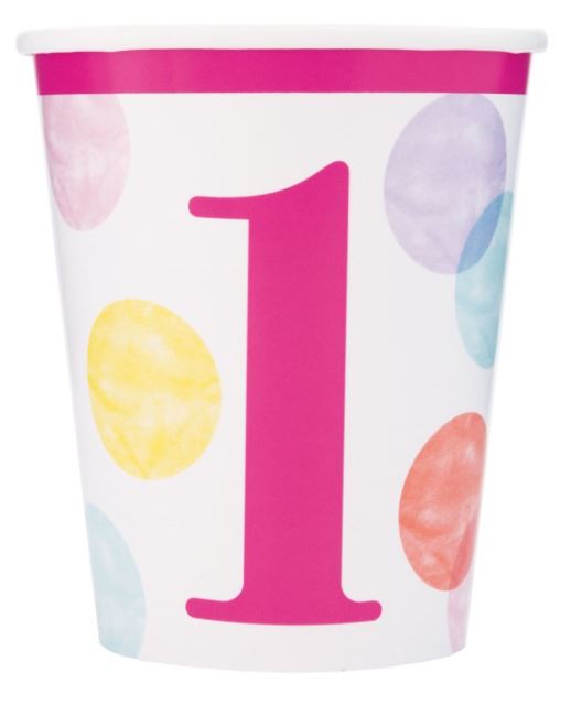 Pink Dots 1st Birthday 9oz Paper Cups, 8ct