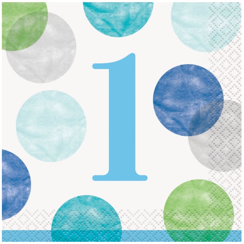 Blue Dots 1st Birthday Beverage Napkins, 16ct