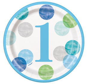 Blue Dots 1st Birthday Round 7" Dessert Plates, 8ct