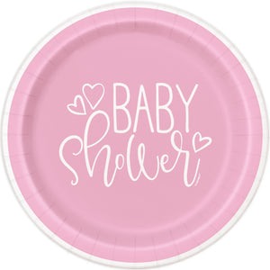 Pink Hearts Baby Shower Round 7" Dessert Plates, 8ct