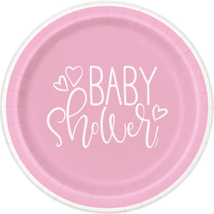 Pink Hearts Baby Shower Round 9" Dinner Plates, 8ct