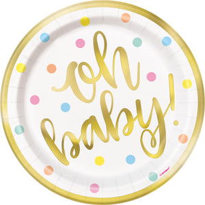 "Oh baby!" Gold Baby Shower Round 7" Dessert Plates, 8ct