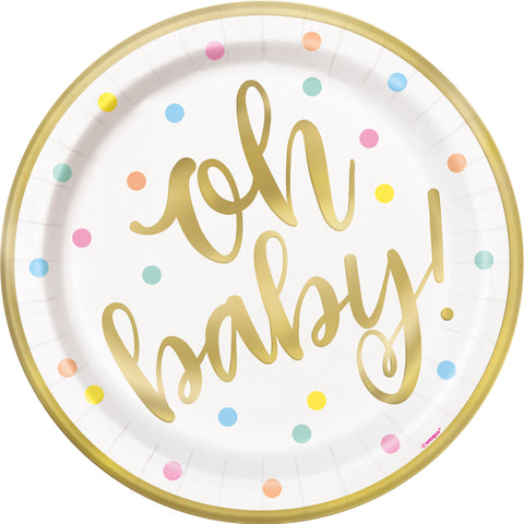 "Oh baby!" Gold Baby Shower Round 9" Dinner Plates, 8ct