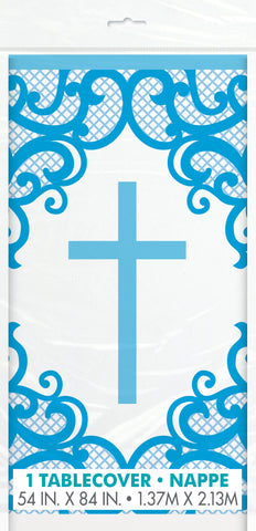 Fancy Blue Cross Rectangular Plastic Table Cover, 54" x 84", 1ct