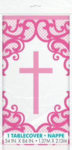 Fancy Pink Cross Rectangular Plastic Table Cover, 54" x 84", 1ct