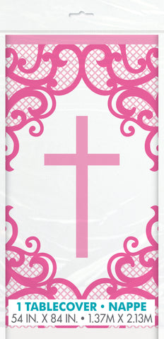 Fancy Pink Cross Rectangular Plastic Table Cover, 54" x 84", 1ct