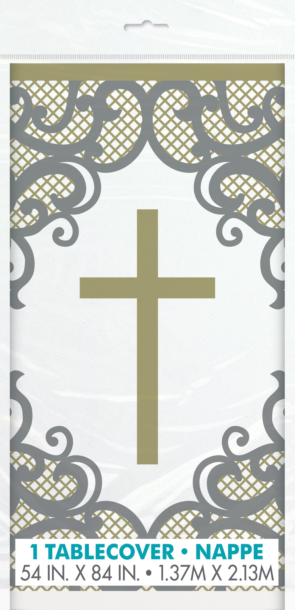 Fancy Gold Cross Rectangular Plastic Table Cover, 54" x 84", 1ct