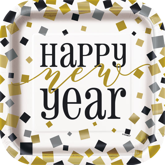 Platos llanos cuadrados de Año Nuevo de 9 pulgadas en negro, dorado y plateado, 8 unidades