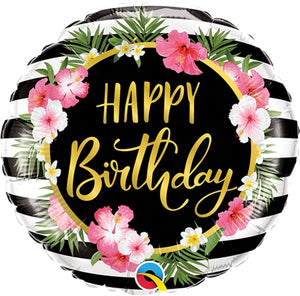 Happy Birthday Hibiscus Stripes 18" Mylar Balloon