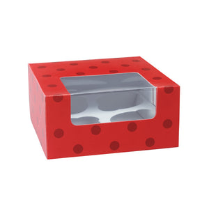 Red and Dots 4 Count Cupcake Cake Box With Window