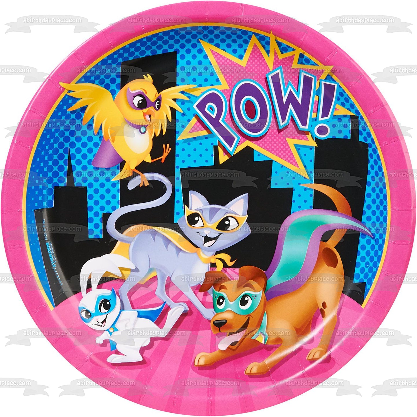 ¡Pow de mascotas de superhéroes! Adorno comestible para tarta con diseño de perro, gato, conejito y pájaro, superhéroes, imagen ABPID00002 