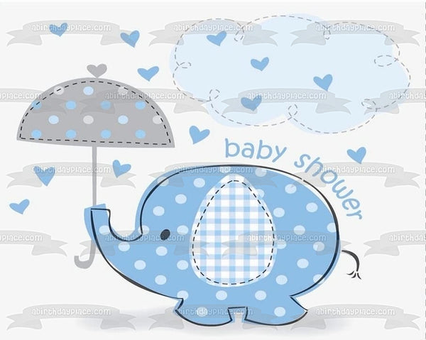 Little Blue Elephant with Umbrella Boy Baby Shower Edible Cake Topper Image ABPID00037