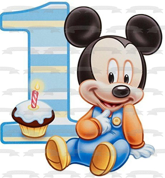 Baby Mickey Mouse 1st Birthday Cupcake and Candle Edible Cake Topper Image ABPID00096