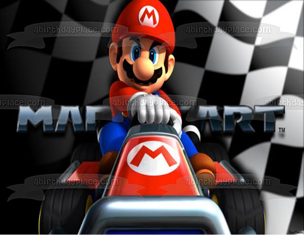 Super Mario Bros. Mario Kart Checkered Flag Edible Cake Topper Image ABPID00147