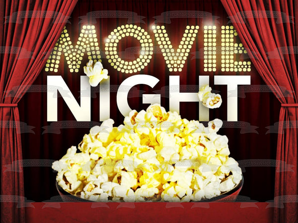 Movie Night Pass the Popcorn Red Curtain Edible Cake Topper Image ABPID00155