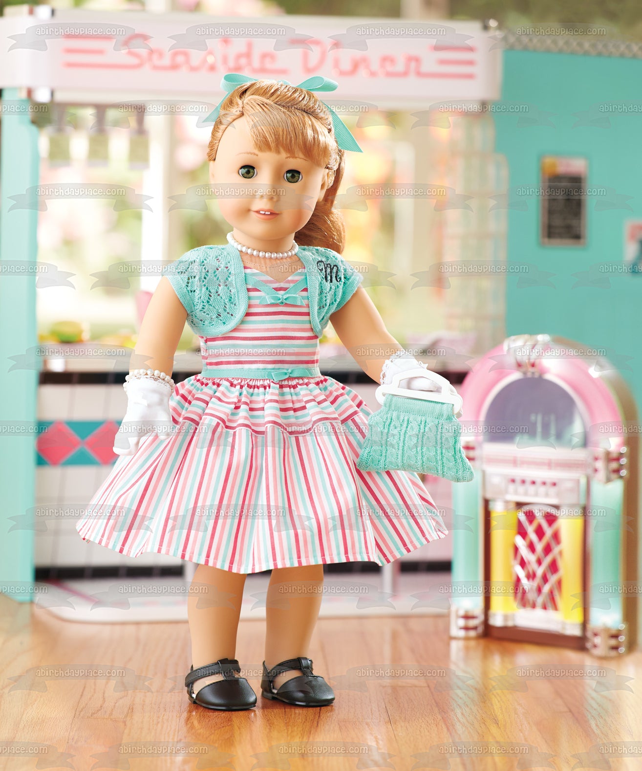 American Girl Maryellen Larkin Seaside Diner Jukebox Edible Cake Topper Image ABPID00306 American Girl Maryellen Larkin Seaside Diner Jukebox Edible Cake Topper Image ABPID00306