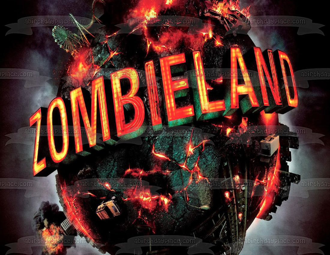 Zombieland Movie Cover Exploding Fiery Planet Edible Cake Topper Image ABPID00317