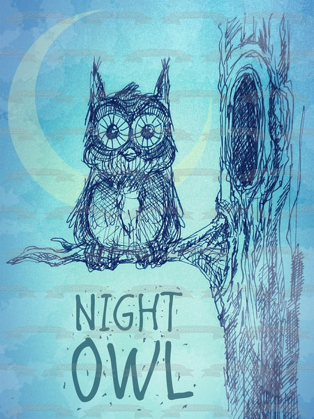Night Owl Owl In a Tree Moonlight Blue Background Edible Cake Topper Image ABPID00374