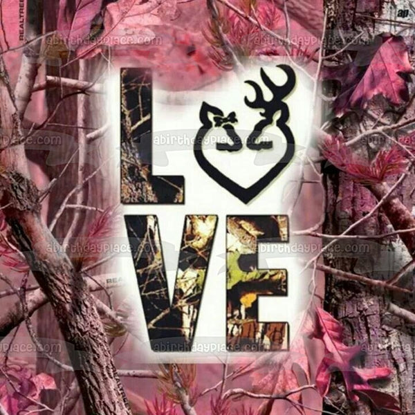 Pink Camouflage Trees Leaves Camo Love Buck and Doe Head Heart Edible Cake Topper Image ABPID00389