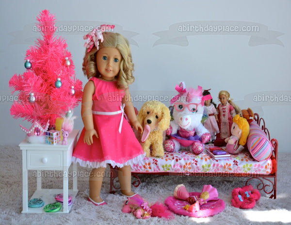 American Girl Fashion Doll with a Dog Unicorn and Accessories Edible Cake Topper Image ABPID00461