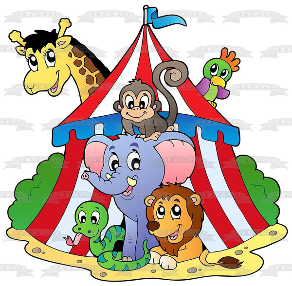Circus Tent Animals Elephant Lion Monkey Giraffe Edible Cake Topper Image ABPID00463
