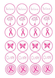 Breast Cancer Awareness Believe Cure Pink Ribbons and Butterflies Edible Cupcake Topper Images ABPID00499