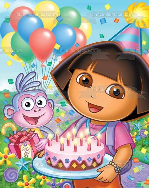 Dora the Explorer Boots Birthday Party with Party Hats Balloons and a Cake Edible Cake Topper Image ABPID00518