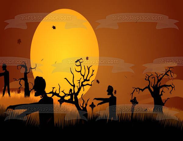 Zombie Graveyard Silhouette Happy Halloween Edible Cake Topper Image ABPID00579