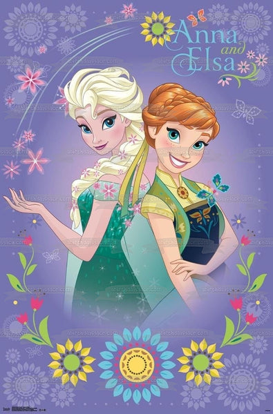Frozen Anna and Elsa Flowers and Butterflies Edible Cake Topper Image ABPID00881