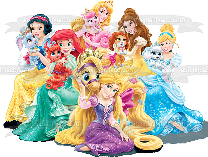Princesses Cinderella Belle Ariel Snow White Jasmine Aurora and Their Palace Pets Edible Cake Topper Image ABPID00886