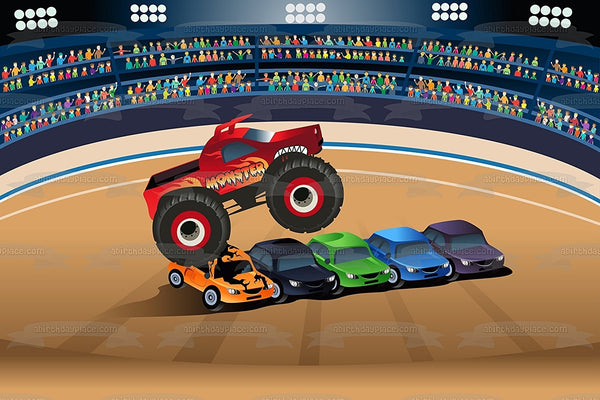 Cartoon Monster Truck Jumping Cars In a Stadium Edible Cake Topper Image ABPID00899