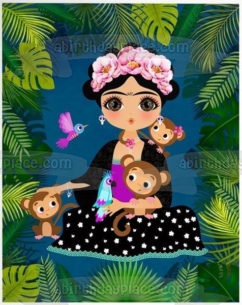 Frida Kahlo Jungle Monkeys and Birds Edible Cake Topper Image ABPID00902