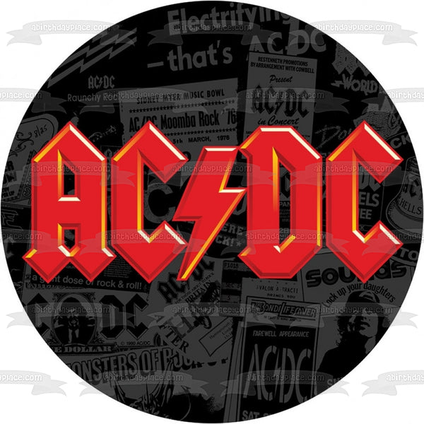 AC/DC Red Logo Newspaper Background Edible Cake Topper Image ABPID01097