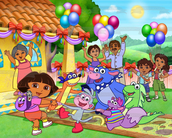 Dora and Frienda Party Boots Backpack Map Diego Swiper Tico Alicia Isa and Balloons Edible Cake Topper Image ABPID01184