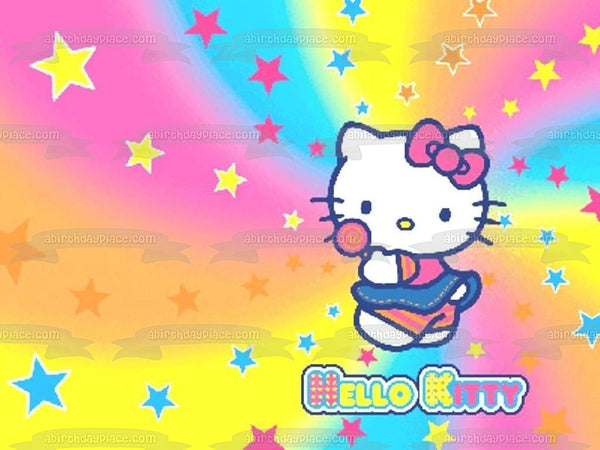 Hello Kitty Tye Dye Logo and a Starry Background Edible Cake Topper Image ABPID01249