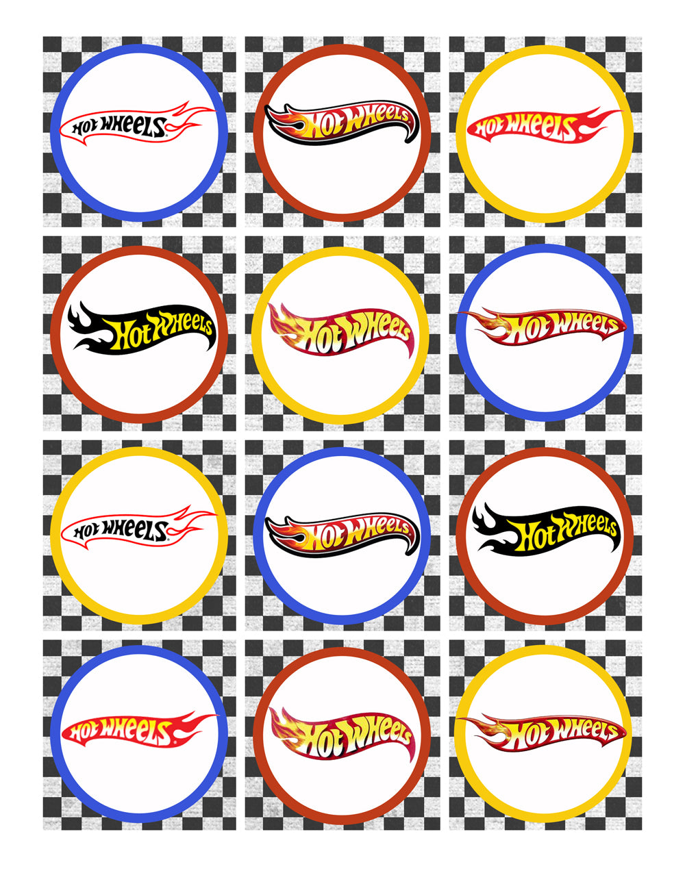 Mattel Hot Wheels Assorted Logos Black and White Checkered Background Edible Cupcake Topper Images ABPID01257