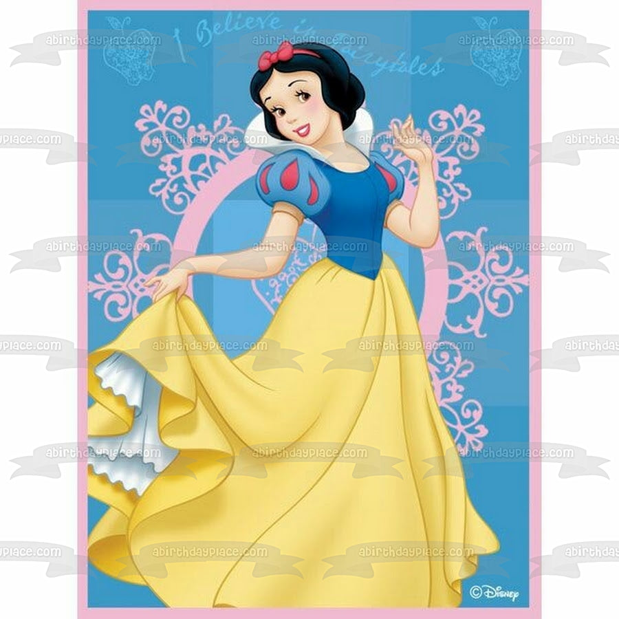 Princess Snow White I Believe In Fairy Tales Apples and a Blue Background Edible Cake Topper Image ABPID01275