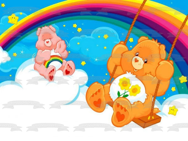 Care Bears Swinging Rainbow Stars Clouds Cheer Bear and Friend Bear Edible Cake Topper Image ABPID01334