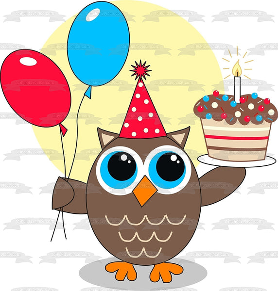 Owl Happy Birthday Cake Party Hat Balloons Edible Cake Topper Image ABPID01394