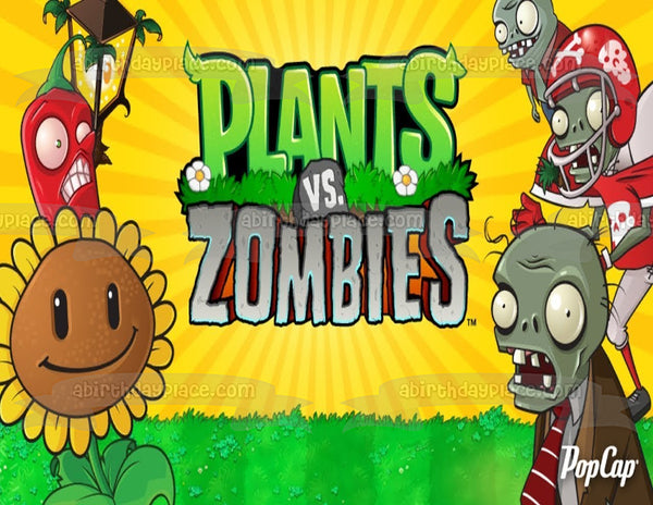Plants Vs Zombies Sunflower Chili Pepper Zombies with a Yellow Background Edible Cake Topper Image ABPID01428