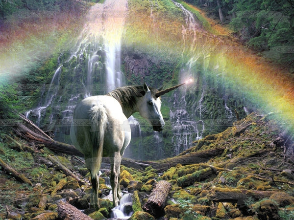 White Unicorn Rainbow Waterfall and Trees Edible Cake Topper Image ABPID01474
